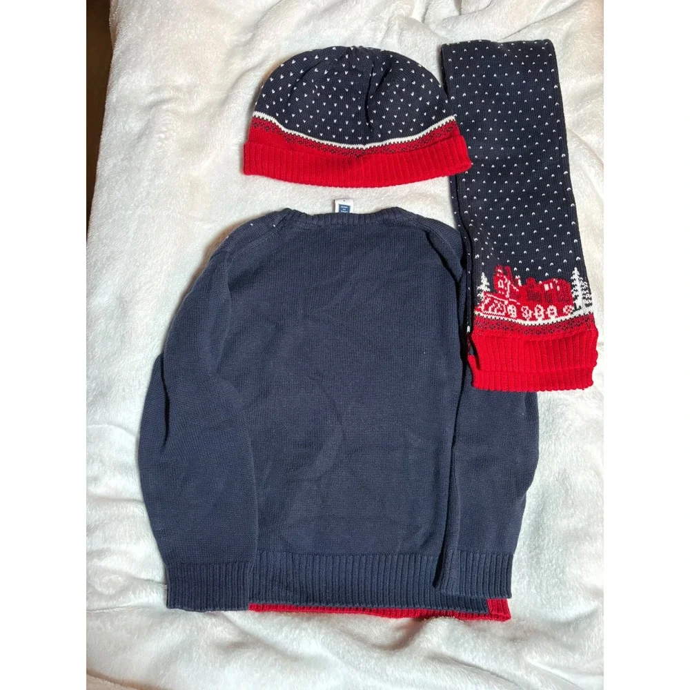 Janie and Jack Kids Train Sweater Hat Scarf Set Navy Red Cotton Size 3 2T-3